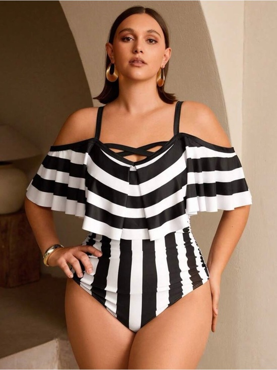 SHEIN Other - SHEIN Black and White Striped Off-Shoulder One-Piece Swimsuit